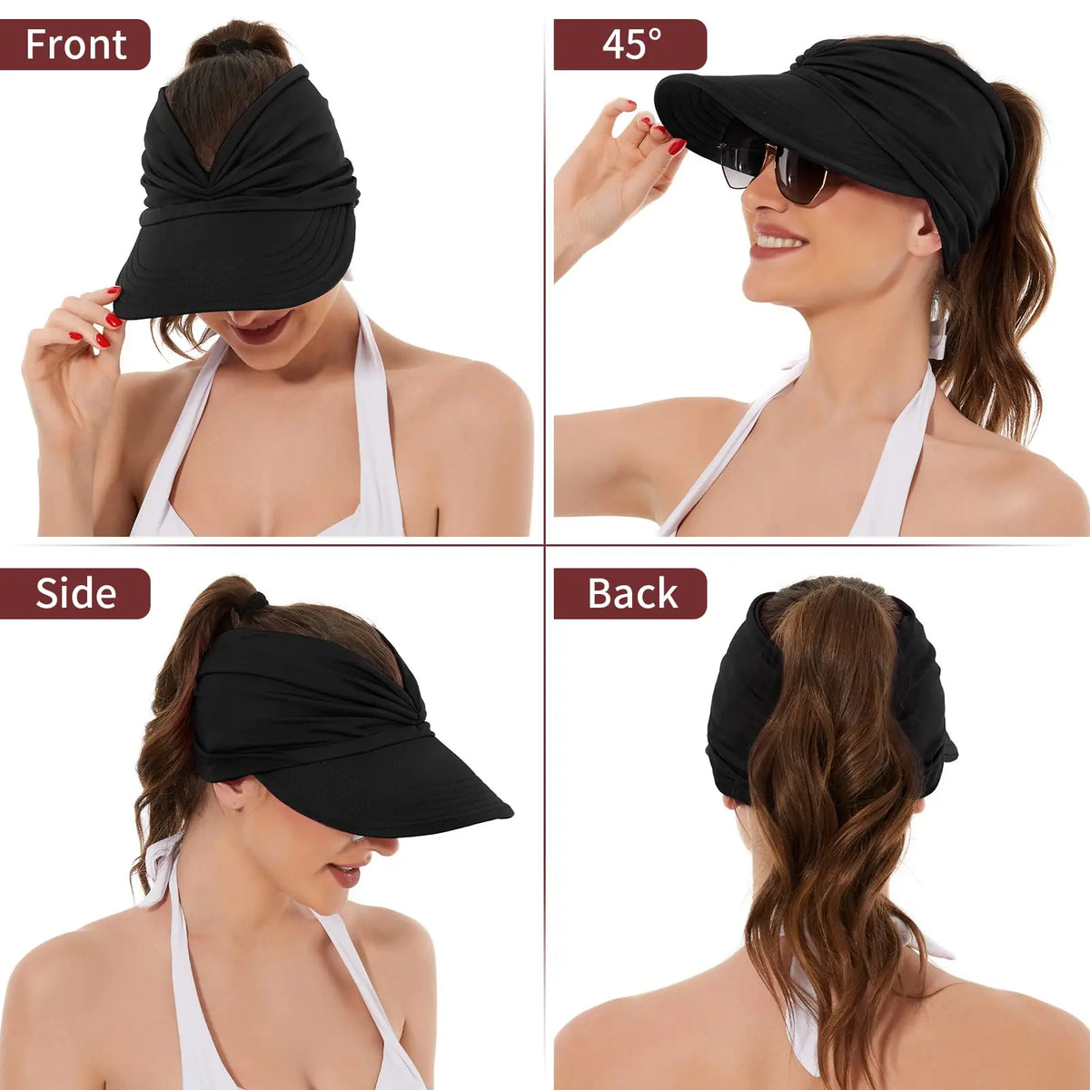 UPF 50+ Wide-Brim Sun Visor Hat with Ponytail Opening