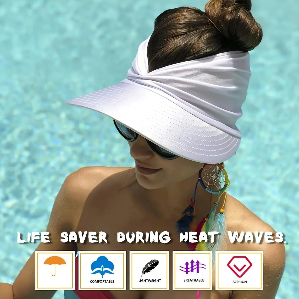 UPF 50+ Wide-Brim Sun Visor Hat with Ponytail Opening