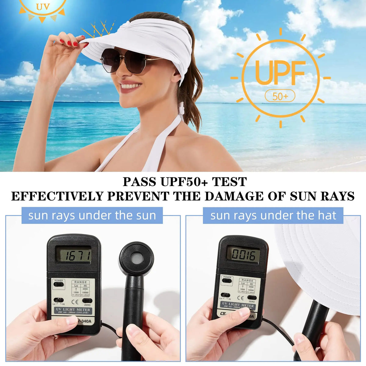 UPF 50+ Wide-Brim Sun Visor Hat with Ponytail Opening