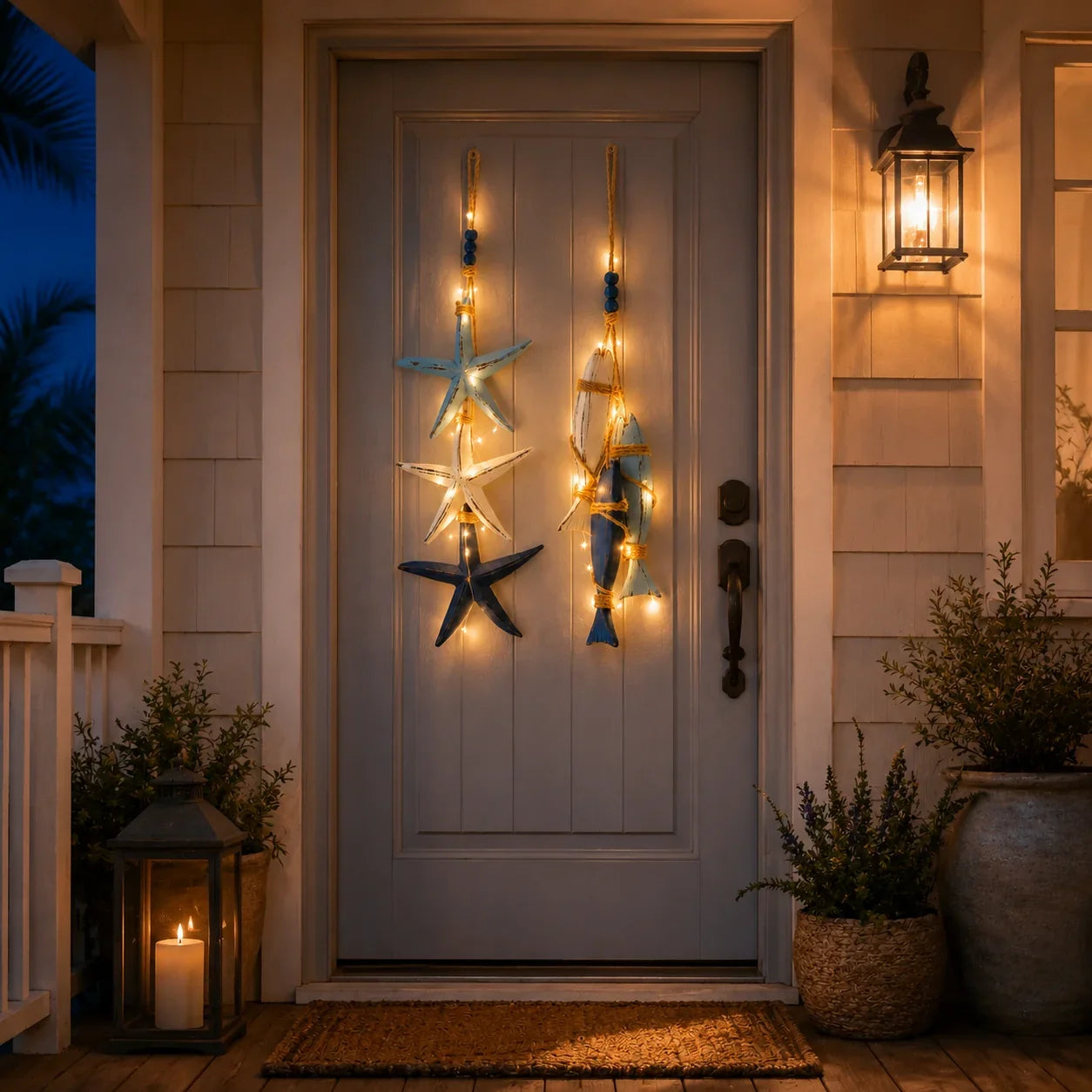 Decorative Lighted Coastal Wooden Starfish & Fish Hanging