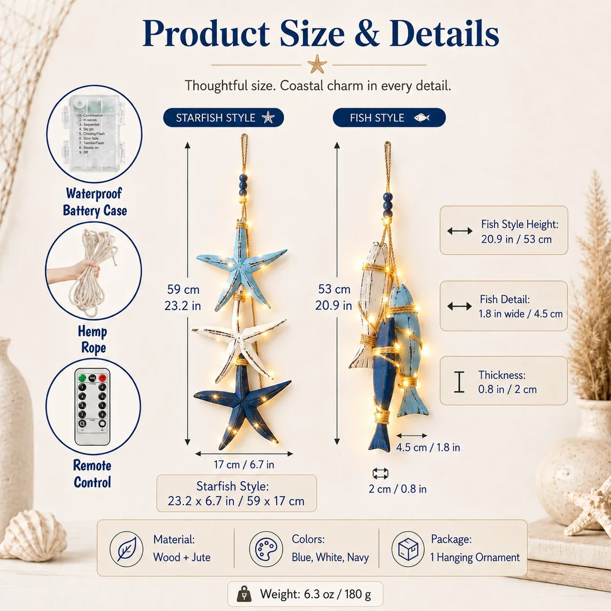 Decorative Lighted Coastal Wooden Starfish & Fish Hanging