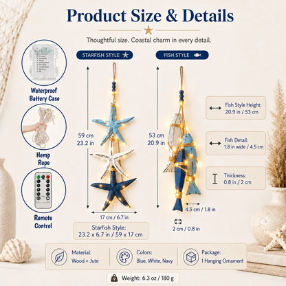 Decorative Lighted Coastal Wooden Starfish & Fish Hanging