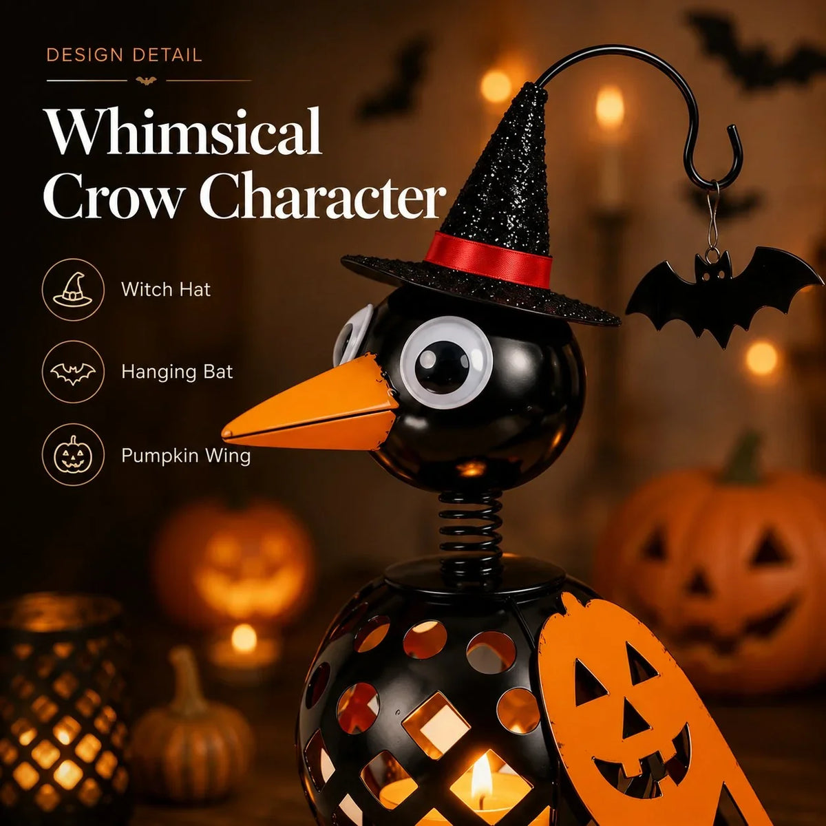 Purpose-Built Wrought Iron Crow and Pumpkin Ornament for Everyday Use