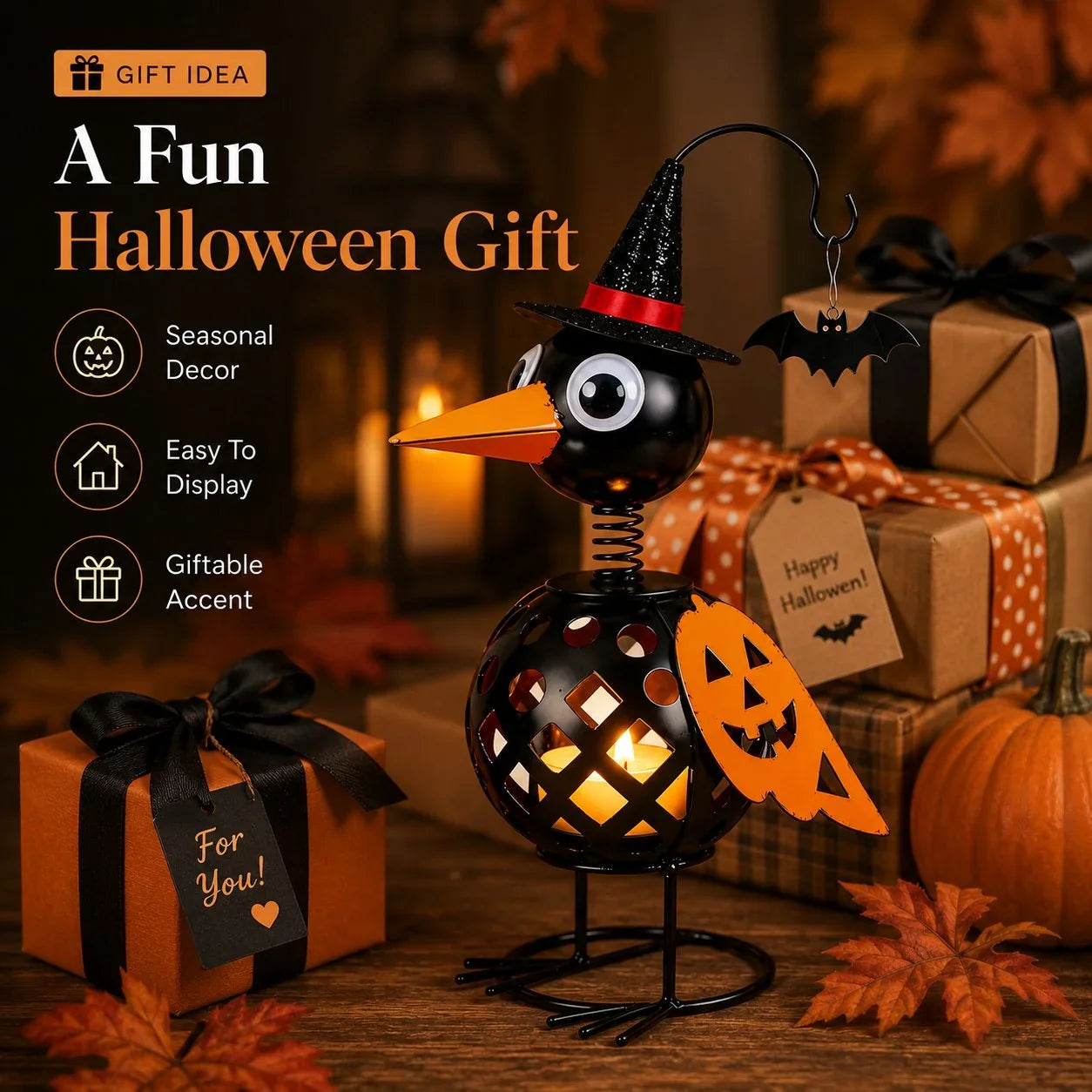 Purpose-Built Wrought Iron Crow and Pumpkin Ornament for Everyday Use