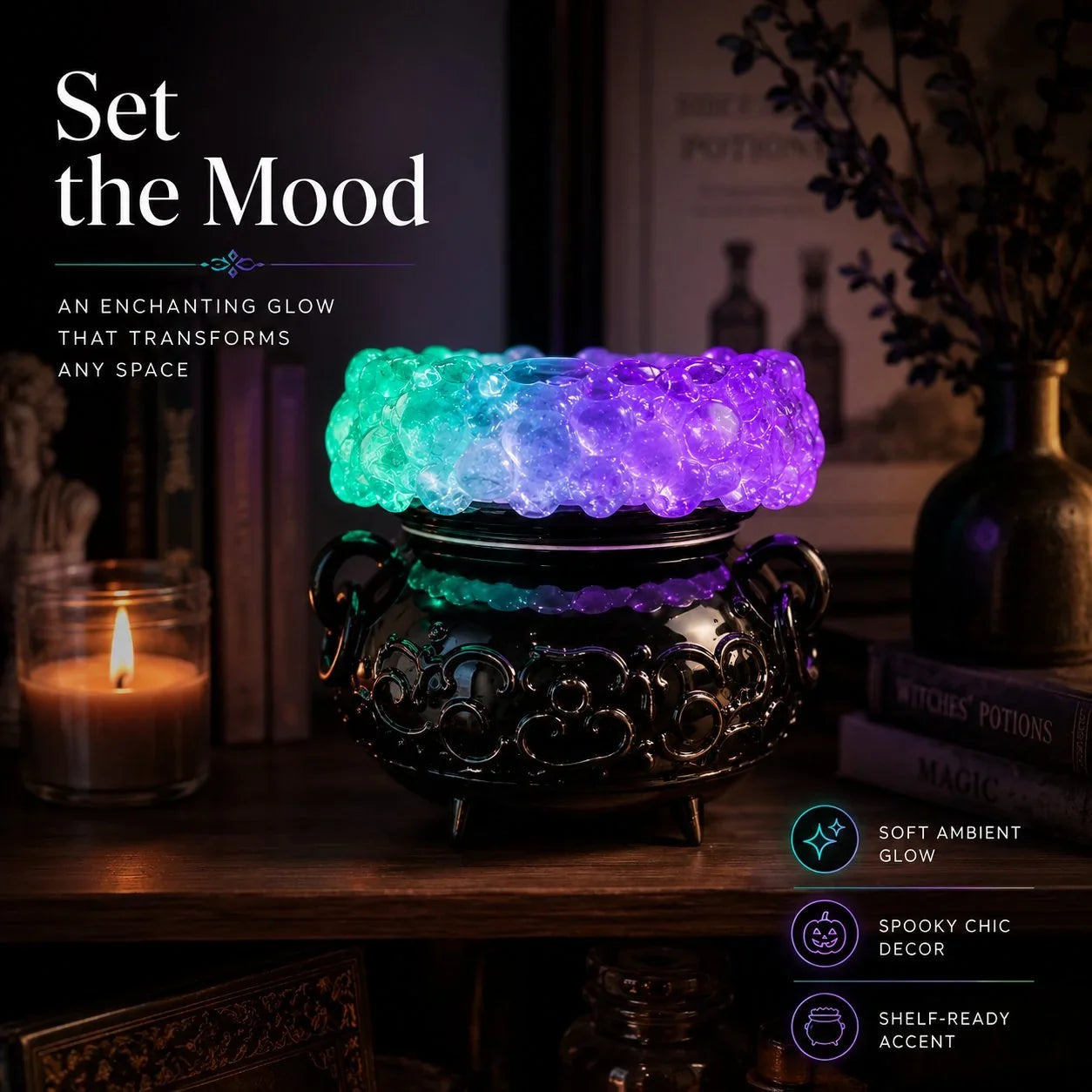 Decorative Cauldron LED Bubble Light Decor, Witch Potion Black