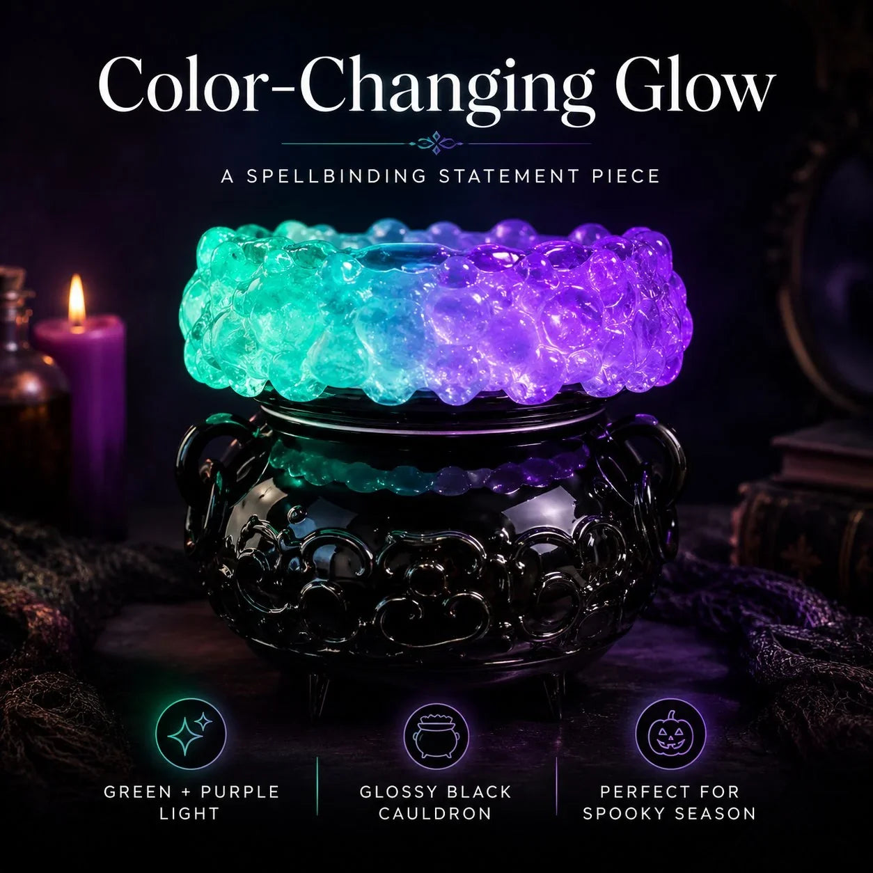 Decorative Cauldron LED Bubble Light Decor, Witch Potion Black