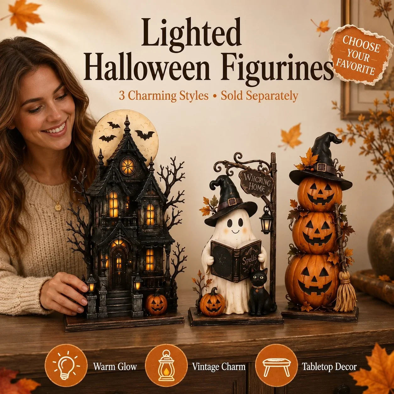 Decorative Lighted Haunted House & Character Figurine