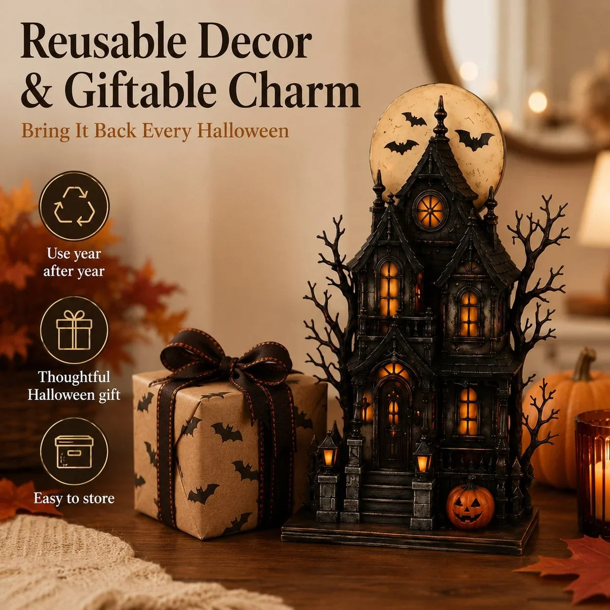 Decorative Lighted Haunted House & Character Figurine