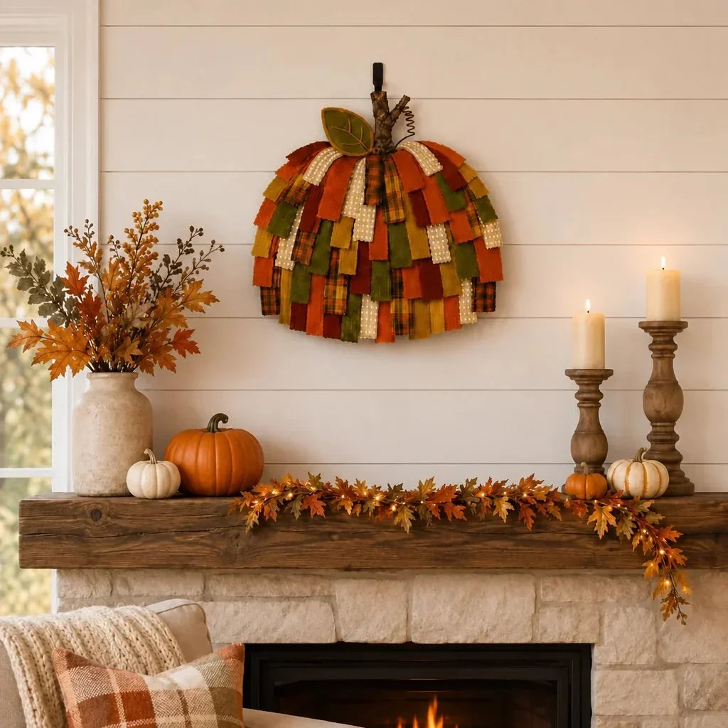 Purpose-Built Handmade Patchwork Pumpkin Door Hanger - Rustic Fall &