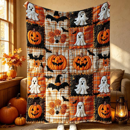 Decorative Pumpkin & Bat Flannel Throw Blanket, Soft Lightweight Cozy