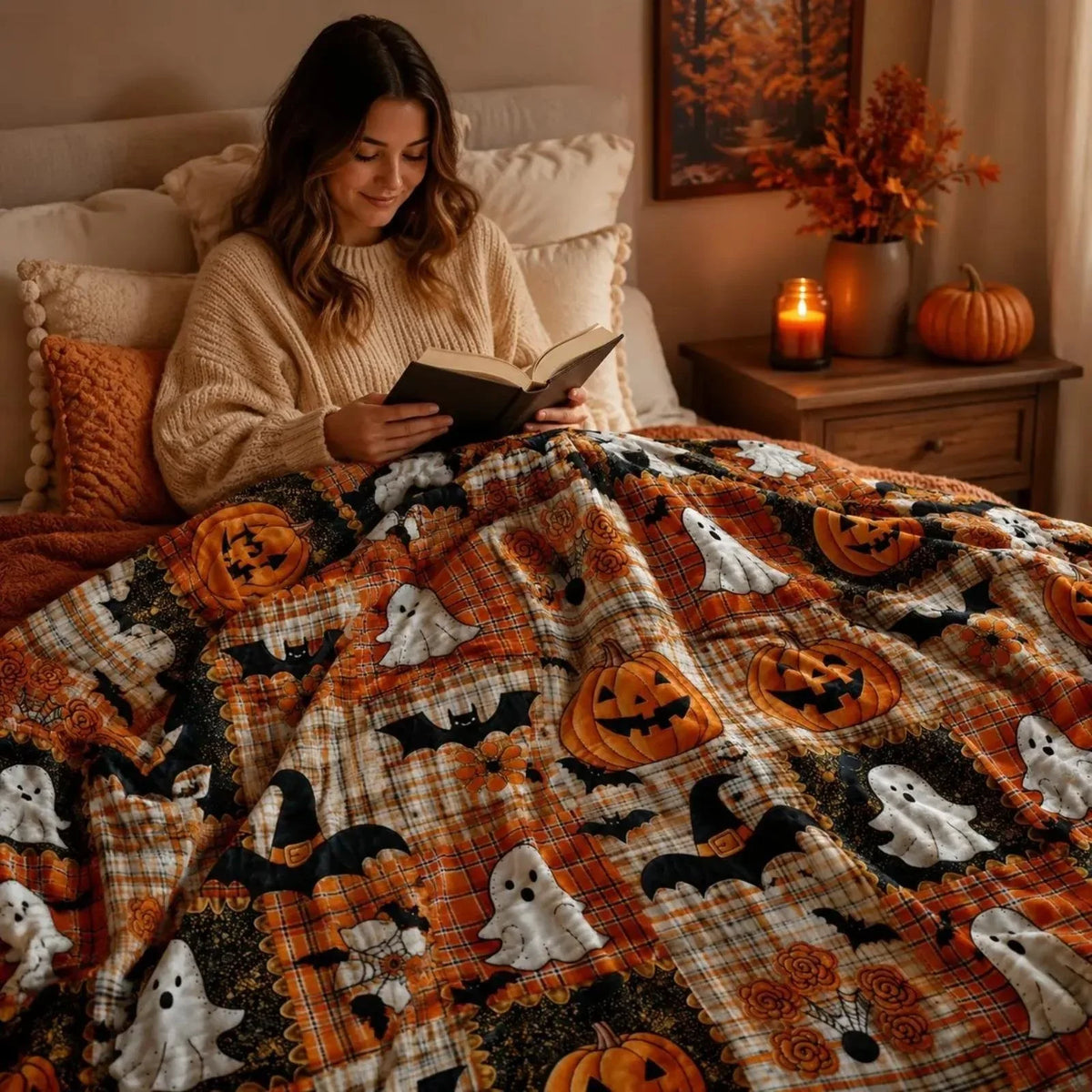 Decorative Pumpkin & Bat Flannel Throw Blanket, Soft Lightweight Cozy