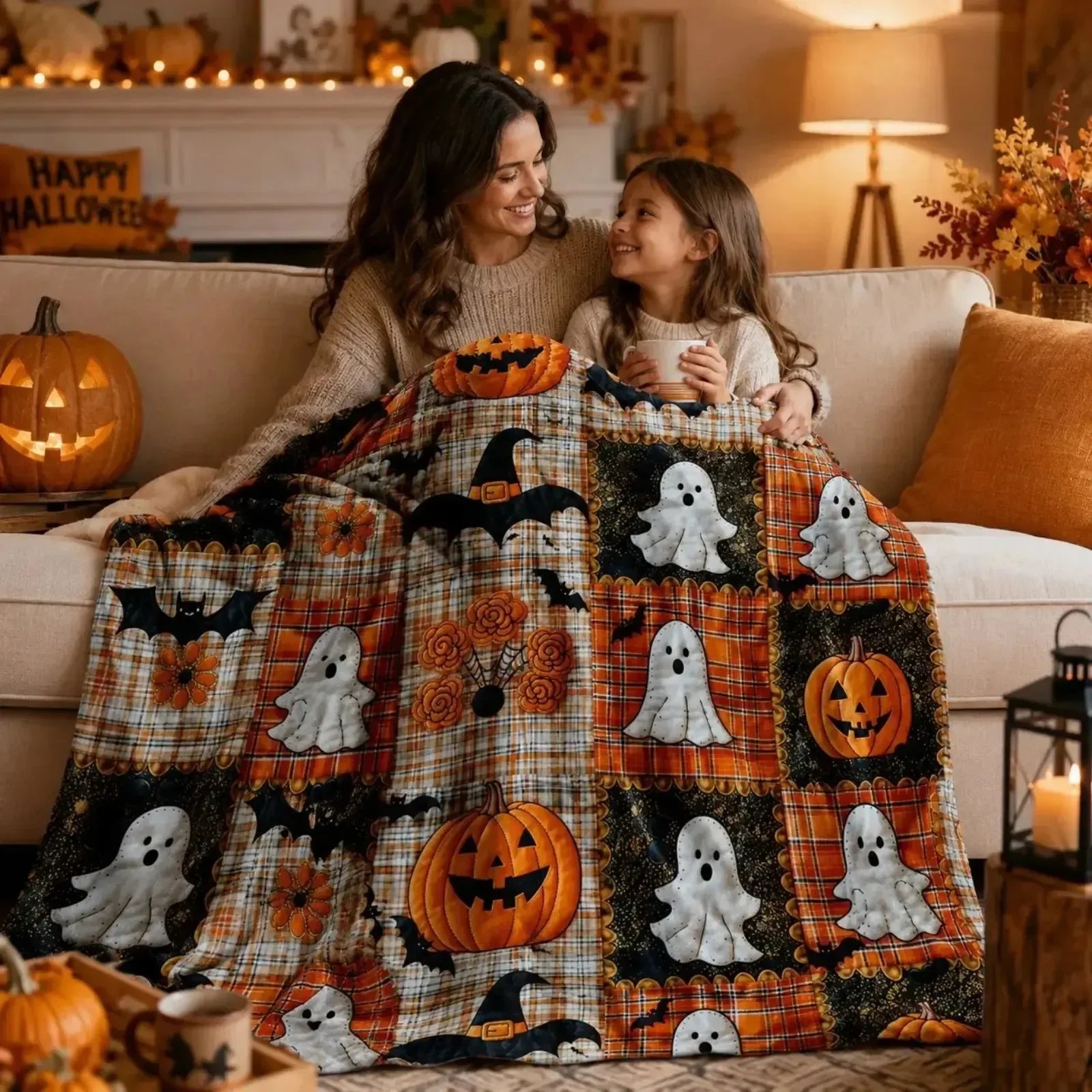 Decorative Pumpkin & Bat Flannel Throw Blanket, Soft Lightweight Cozy