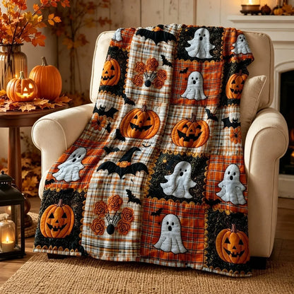 Decorative Pumpkin & Bat Flannel Throw Blanket, Soft Lightweight Cozy