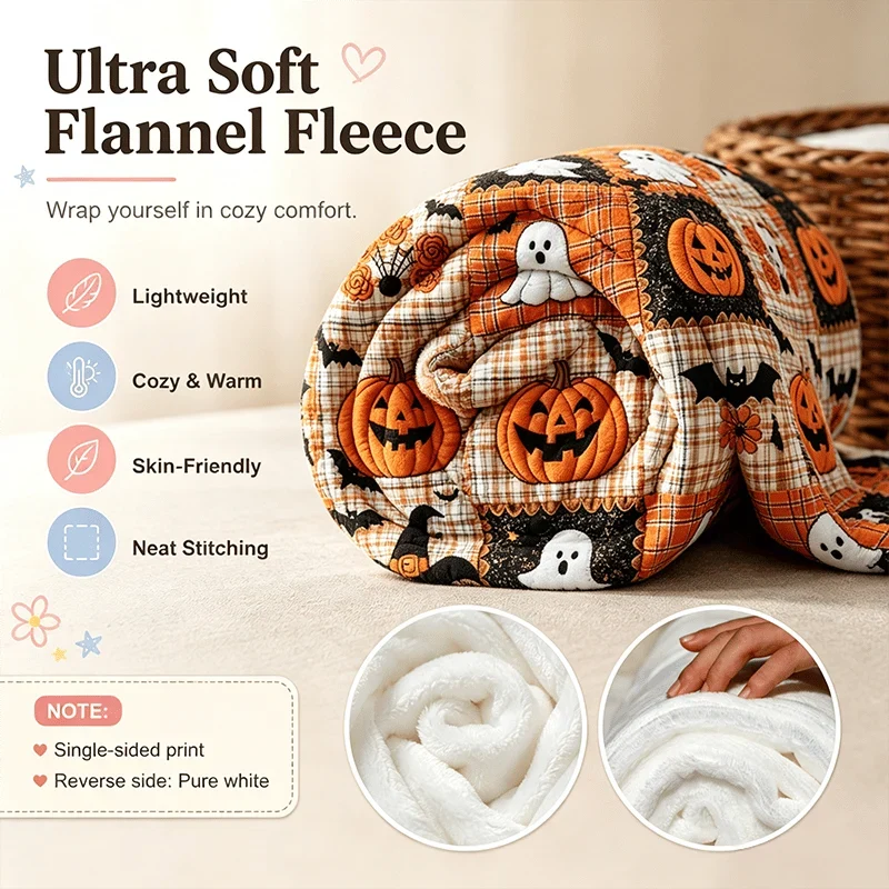 Decorative Pumpkin & Bat Flannel Throw Blanket, Soft Lightweight Cozy