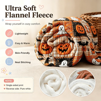 Decorative Pumpkin & Bat Flannel Throw Blanket, Soft Lightweight Cozy