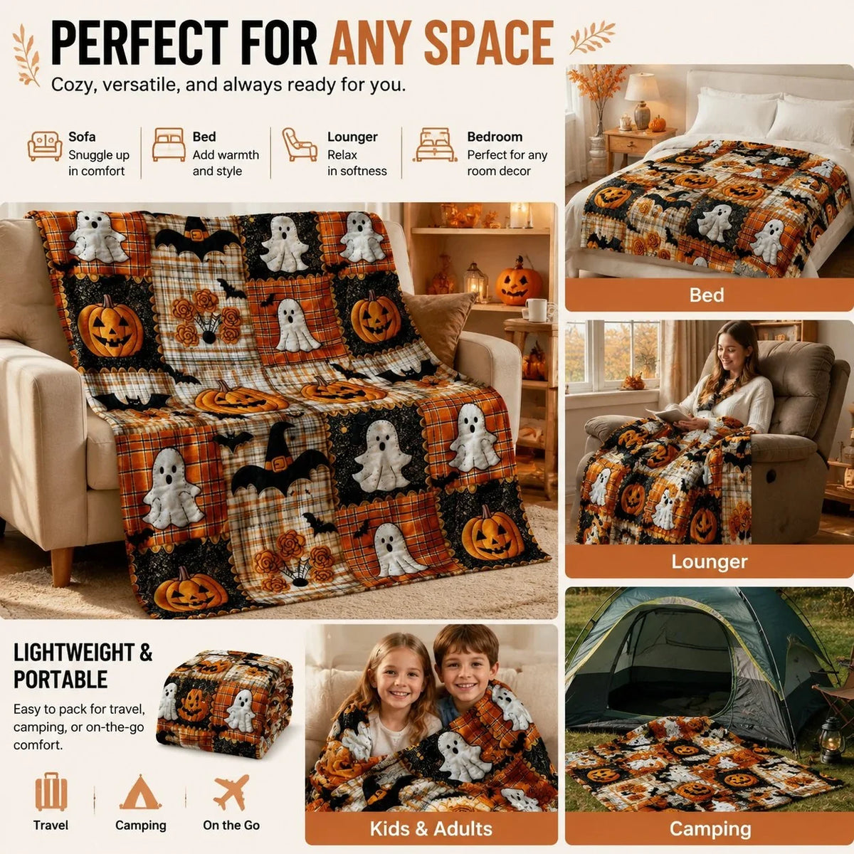 Decorative Pumpkin & Bat Flannel Throw Blanket, Soft Lightweight Cozy