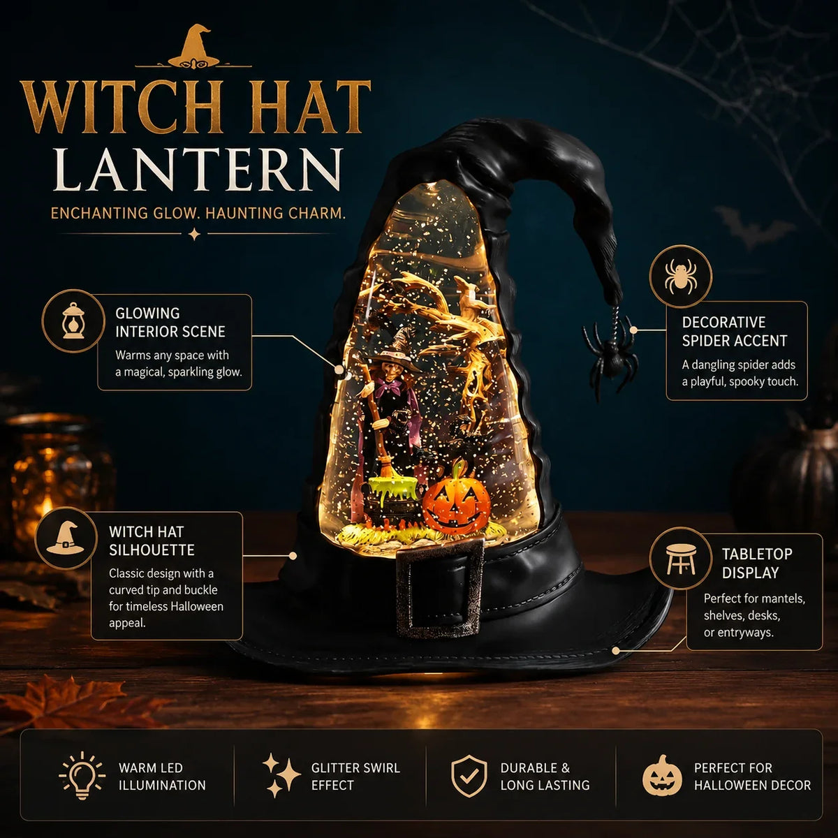 Decorative Witches Hat Lighted Water Lantern With Swirling