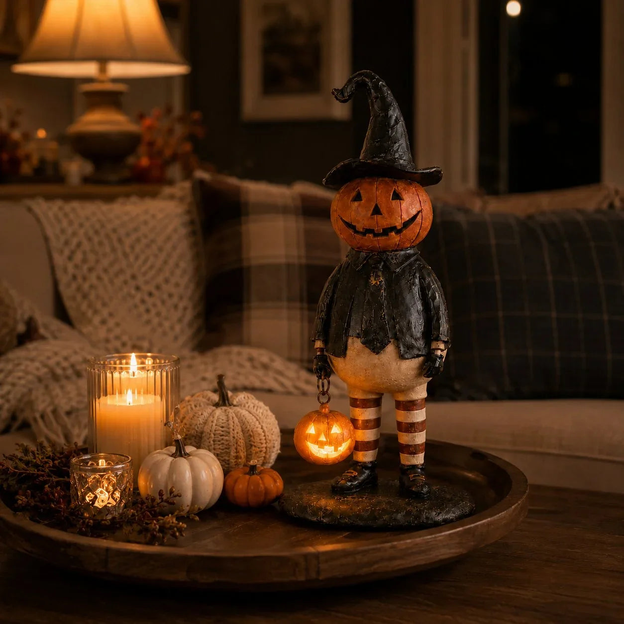 Glowing Pumpkin Witch Figurine for Halloween Display