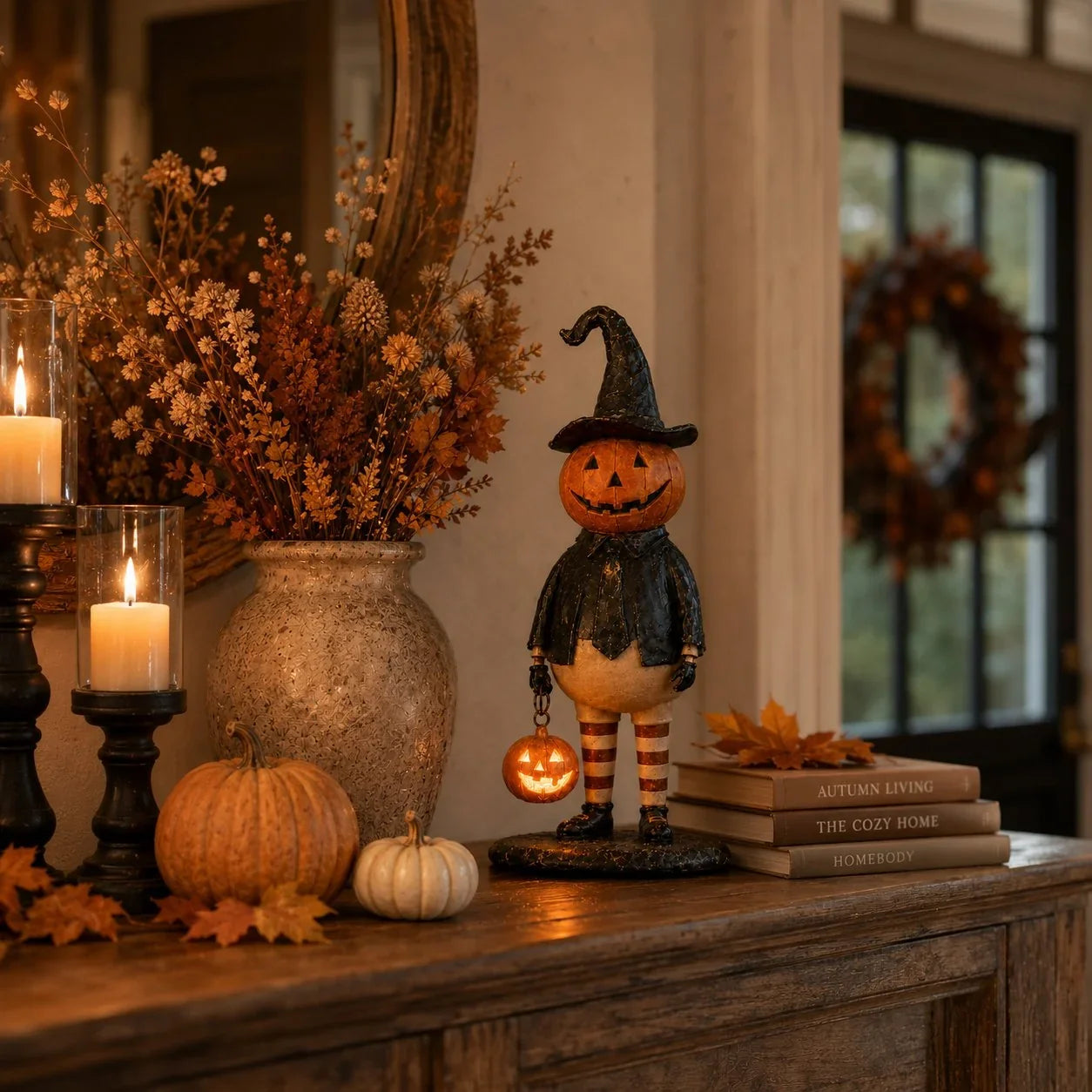 Glowing Pumpkin Witch Figurine for Halloween Display