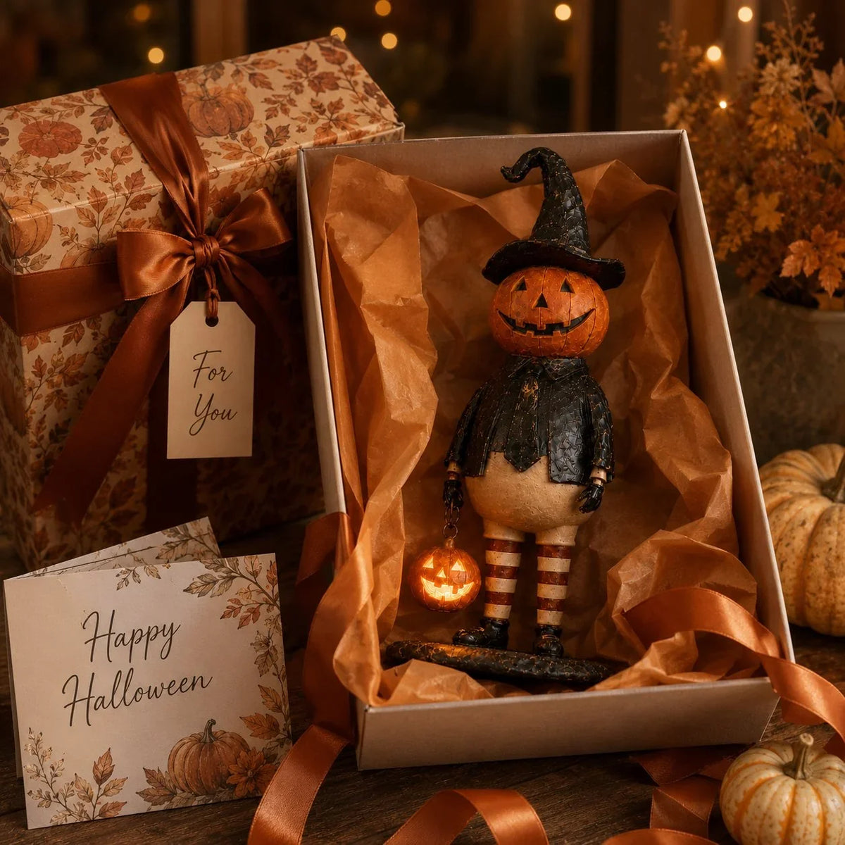 Glowing Pumpkin Witch Figurine for Halloween Display