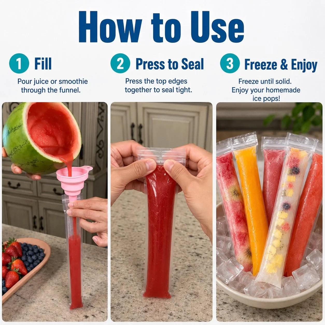 Self-Sealing Ice Pop Maker Bags for Easy Homemade Frozen Treats