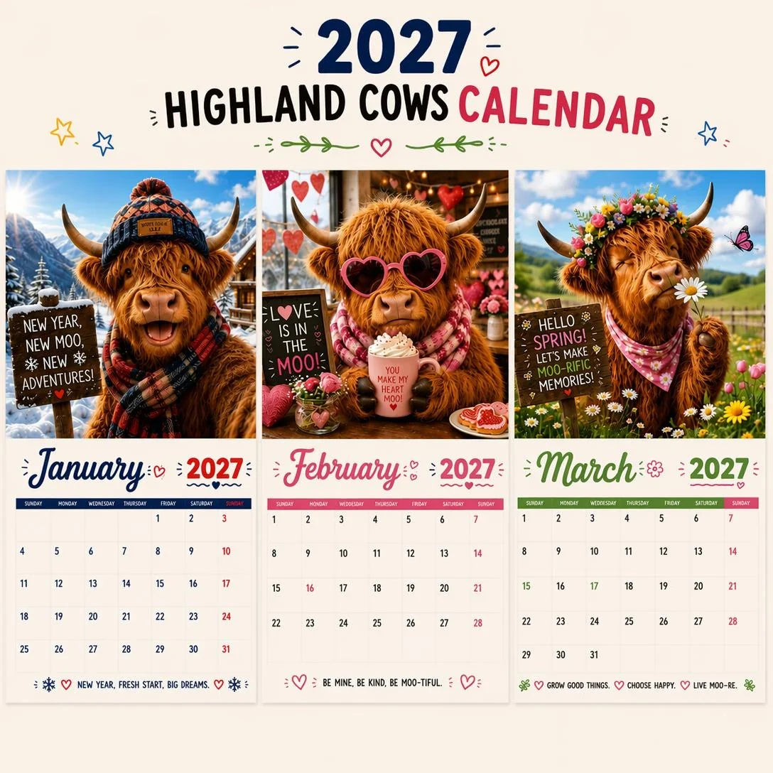Purpose-Built Funny Highland Cows Wall Calendar – A4 Hanging