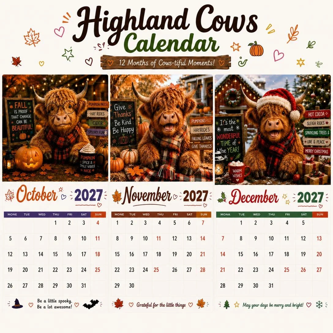 Purpose-Built Funny Highland Cows Wall Calendar – A4 Hanging