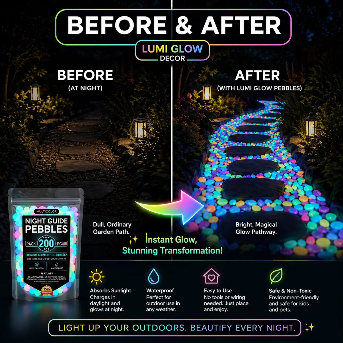 Non-Toxic Multicolor Glow-in-the-Dark Garden and Aquarium Stones