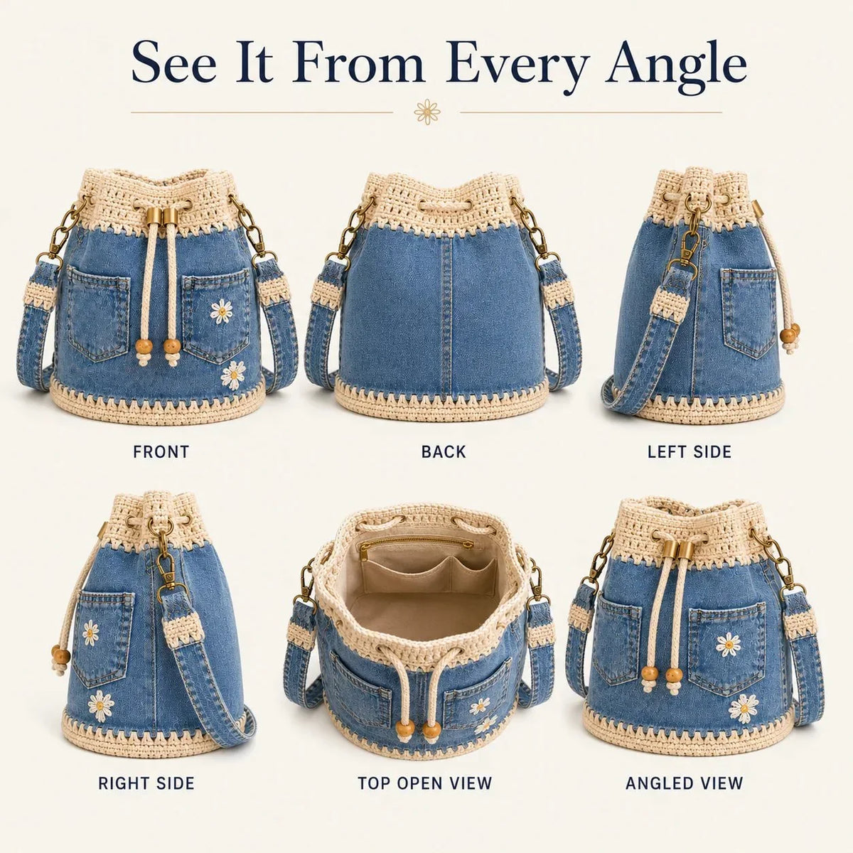 Distinctive Denim Crochet Drawstring Bucket Bag, Vintage Daisy