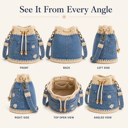 Distinctive Denim Crochet Drawstring Bucket Bag, Vintage Daisy