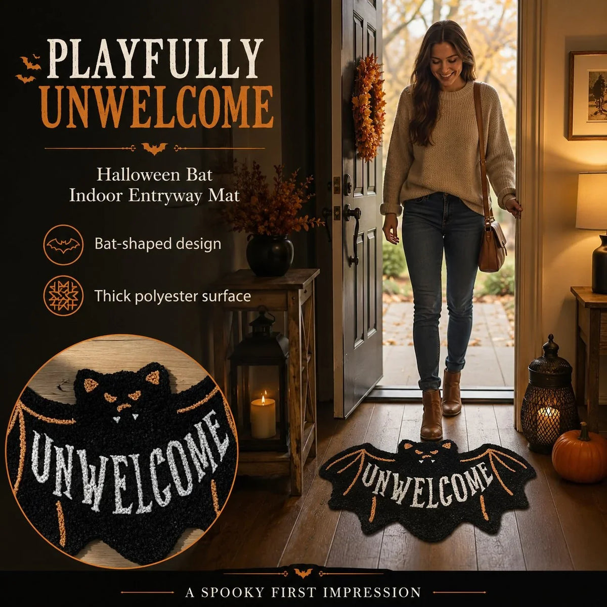 Purpose-Built “UNWELCOME” Bat Entryway Mat – Thick Bat-Shaped