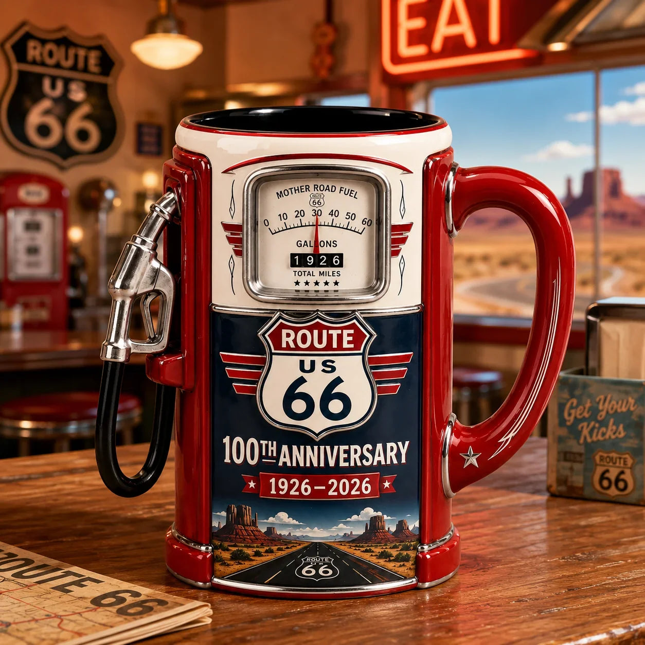 Purpose-Built Route 66 Centennial Fuel Pump Mug – 100th Anniversary