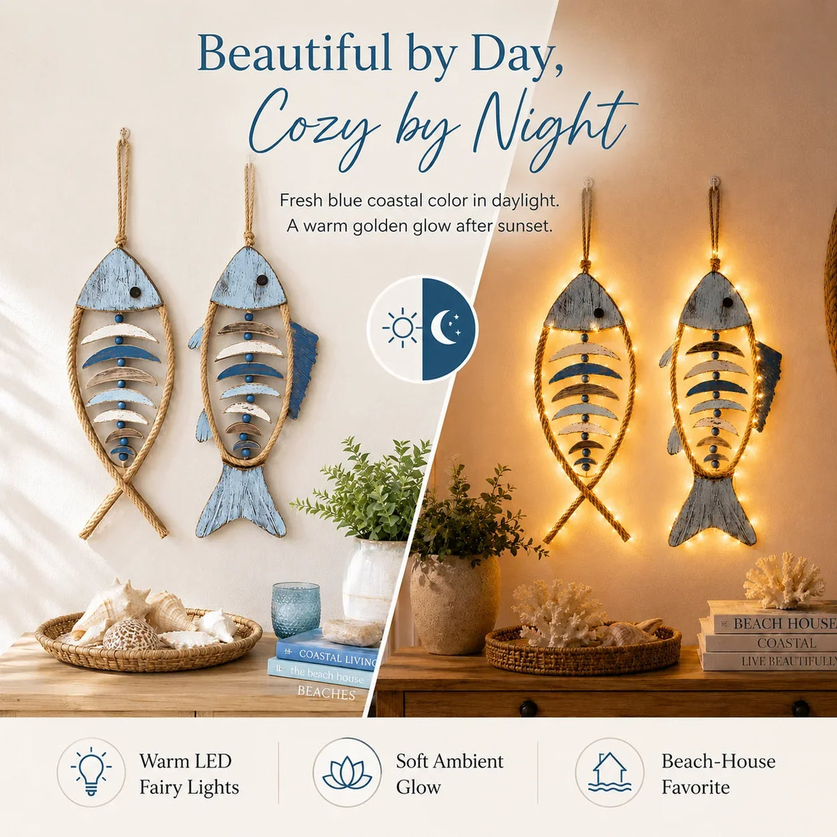 Decorative Lighted Coastal Rope Fish Wall Hanging for Focused Lighting