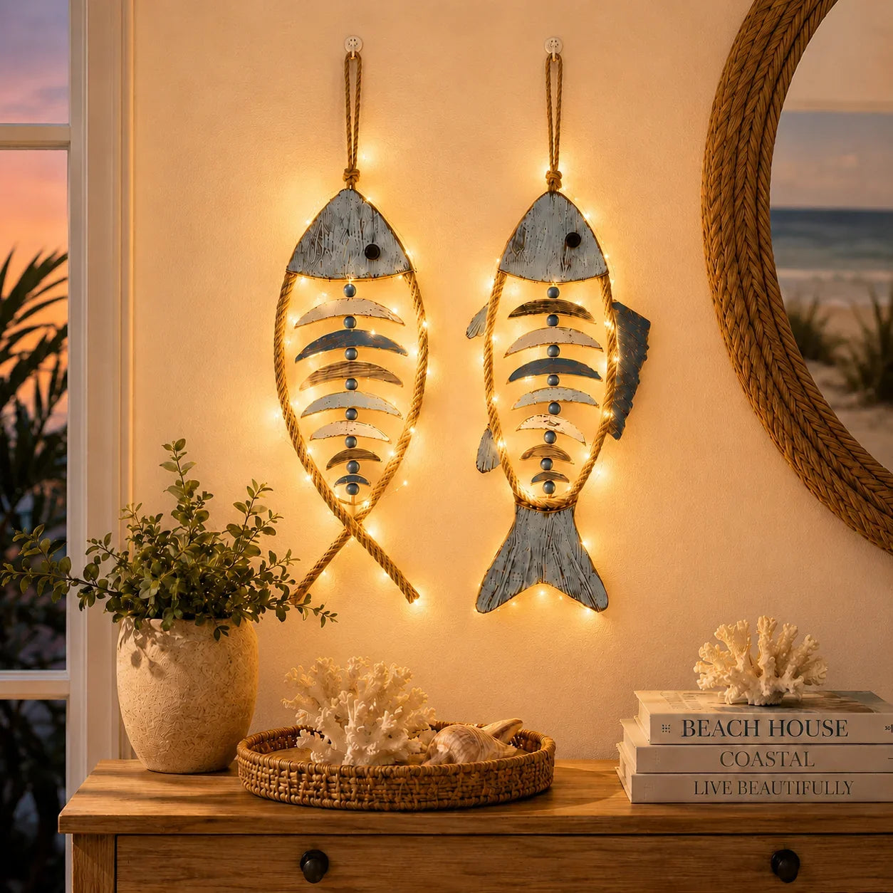 Decorative Lighted Coastal Rope Fish Wall Hanging for Focused Lighting