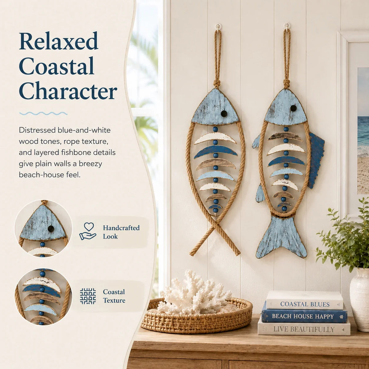 Decorative Lighted Coastal Rope Fish Wall Hanging for Focused Lighting