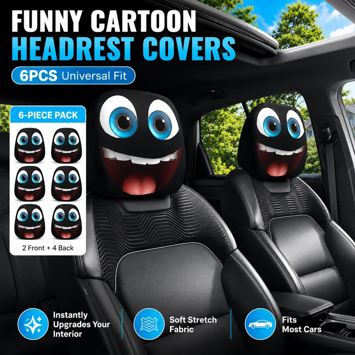 Vehicle-Ready Funny Cartoon Car Headrest Covers – 2PCS Universal