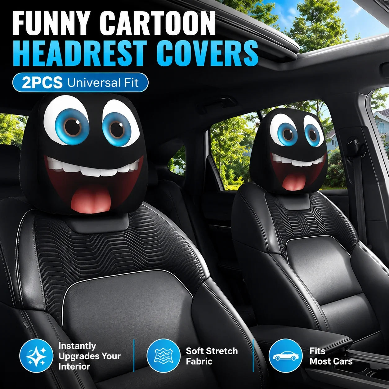 Vehicle-Ready Funny Cartoon Car Headrest Covers – 2PCS Universal