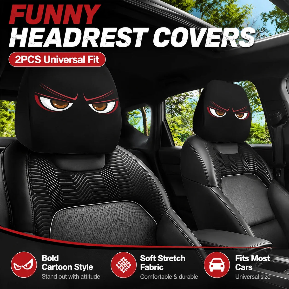 Vehicle-Ready Funny Cartoon Car Headrest Covers – 2PCS Universal