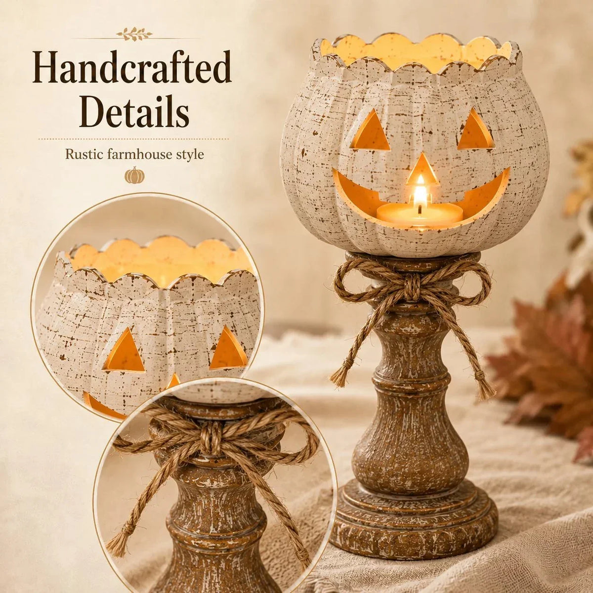 Decorative Set of 3 Rustic White Pumpkin Tealight Candle Holders