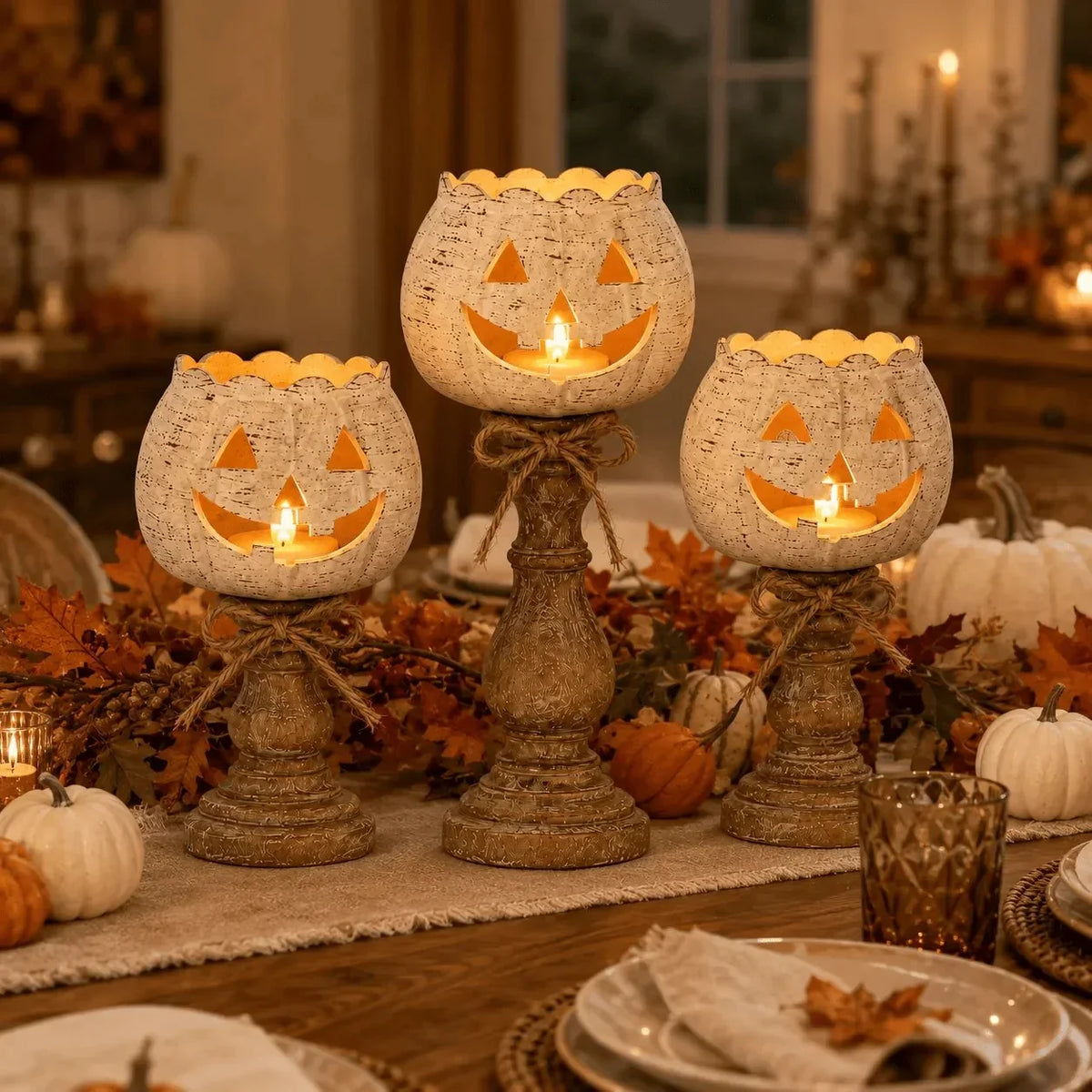 Decorative Set of 3 Rustic White Pumpkin Tealight Candle Holders
