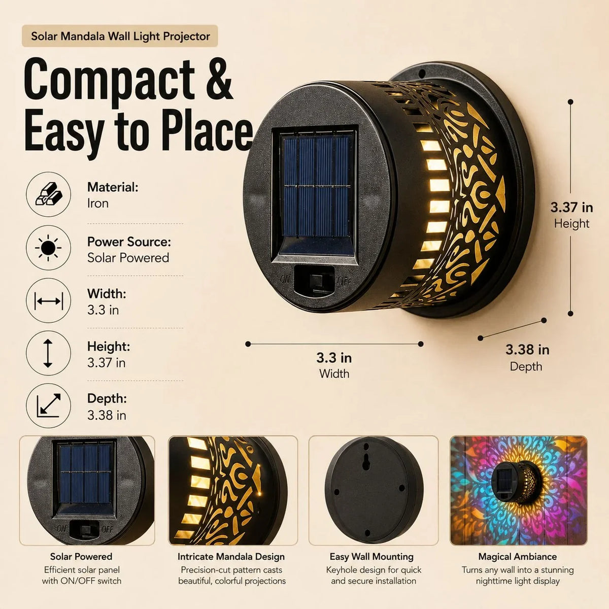 Outdoor-Ready Mandala Solar Wall – Night Ambience for Garden Display
