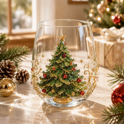 3D Raised Christmas Glass Art Cup for Holiday Drinks and Decor