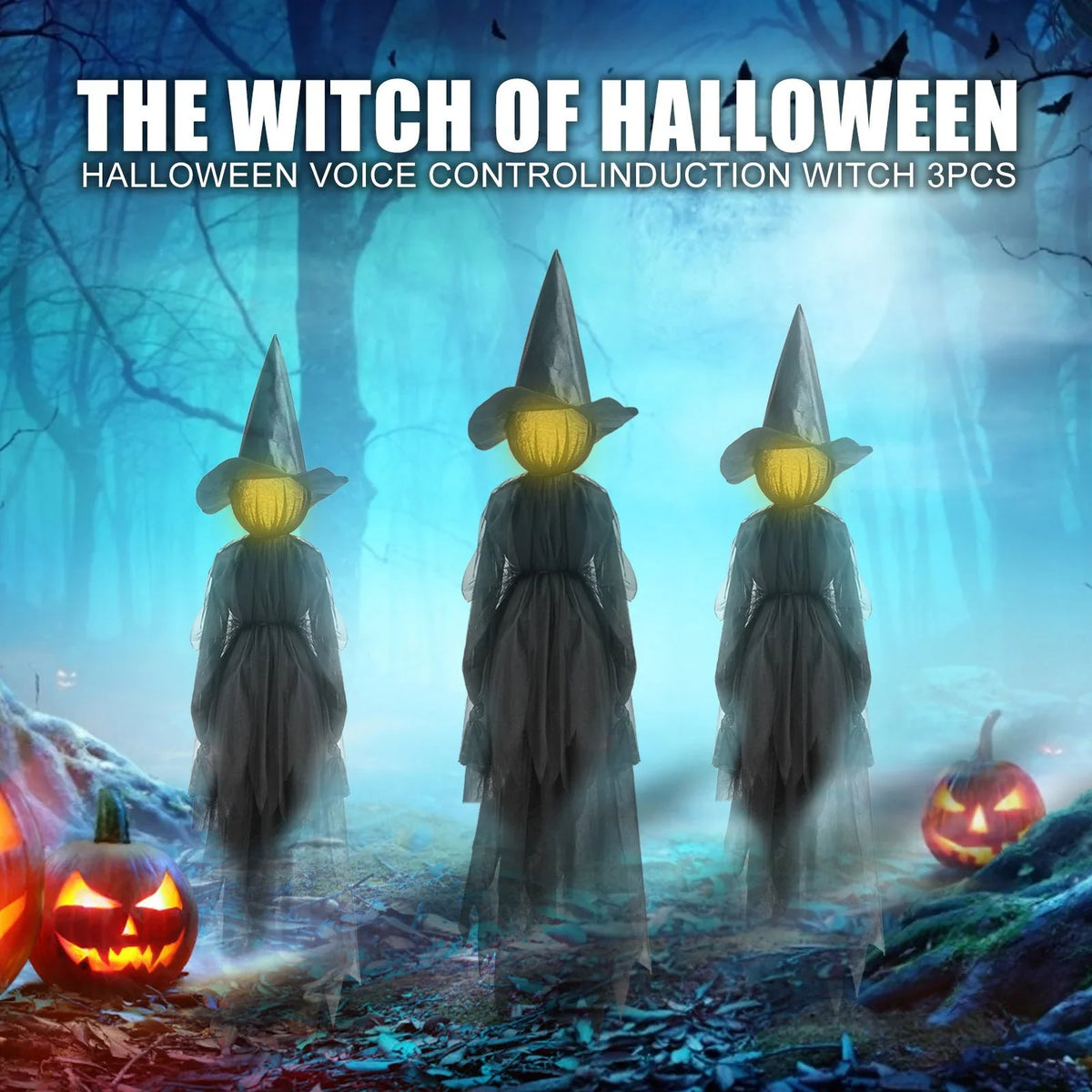 Three Sound-Activated Witches with Illuminated Joined Hands