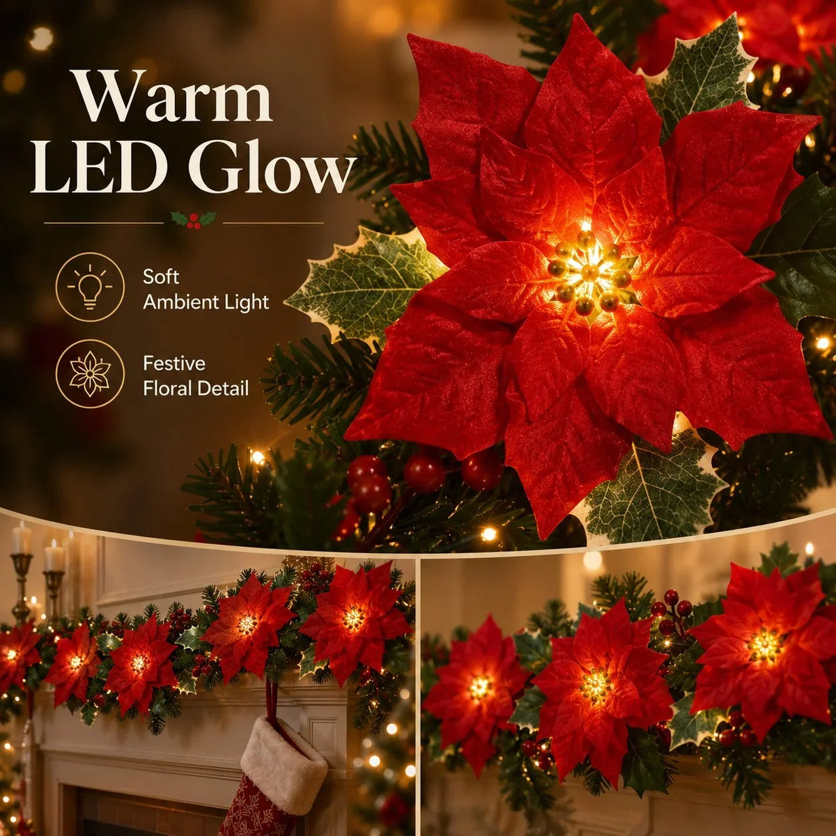 Decorative Gift Decor – Poinsettia LED Garland String