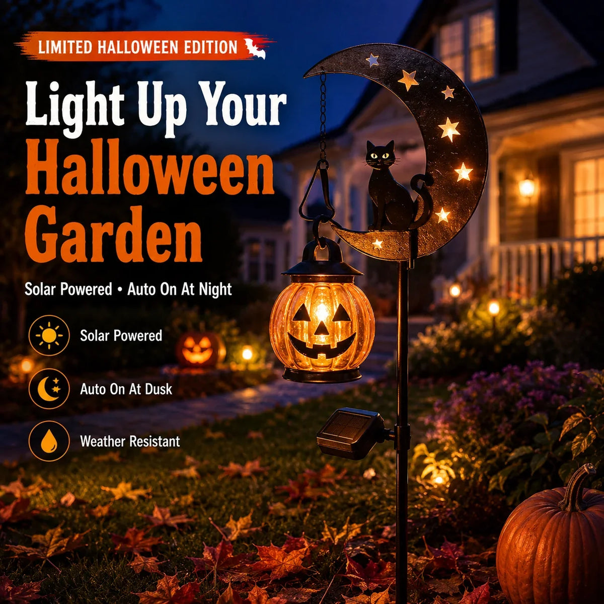 Black Cat and Pumpkin Solar Accent for a Spooky Garden Path