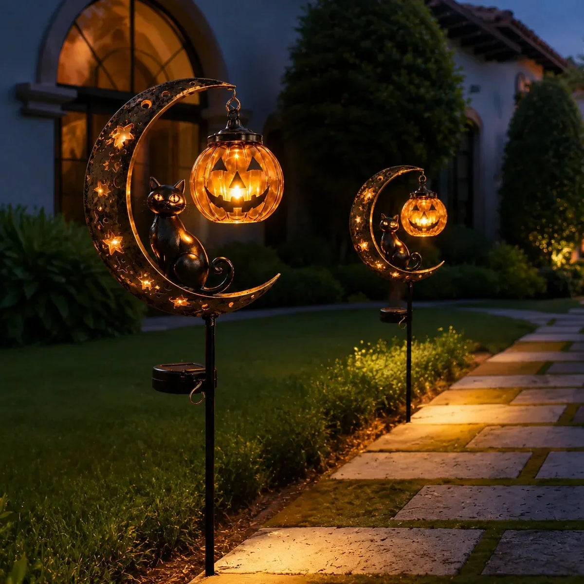 Black Cat and Pumpkin Solar Accent for a Spooky Garden Path