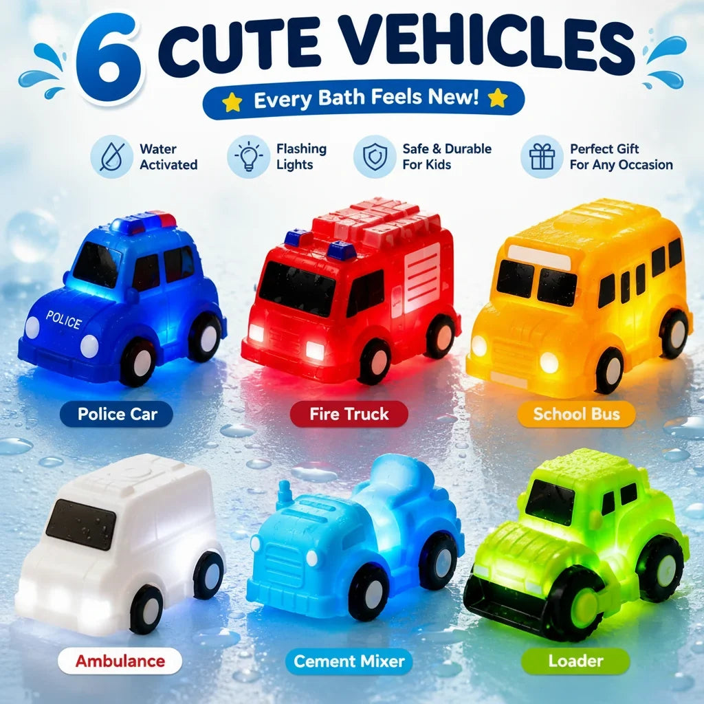 Vehicle-Ready 6PCS Water-Activated Light-Up Bath Toy Cars – Traffic &