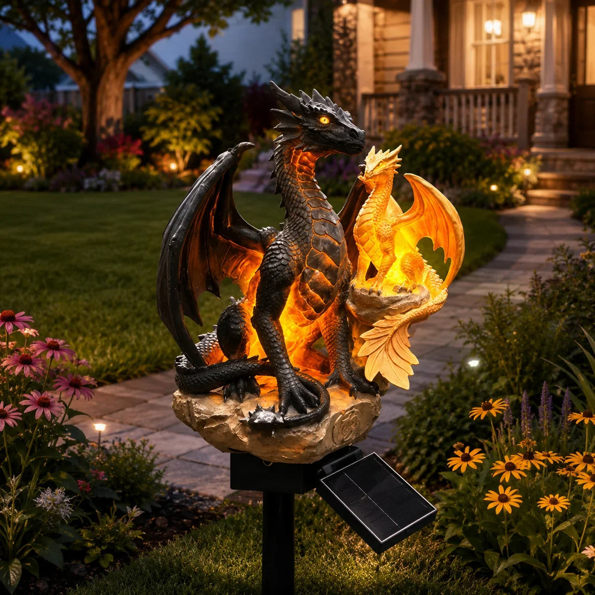 Purple Crystal Dragon Figurine with a Solar-Lit Garden Accent