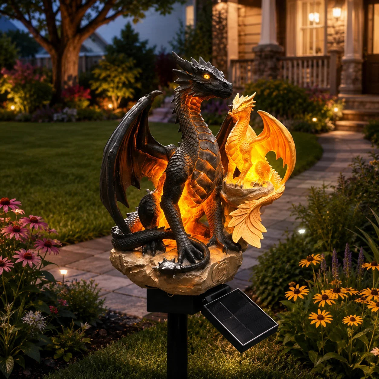 Purple Crystal Dragon Figurine with a Solar-Lit Garden Accent