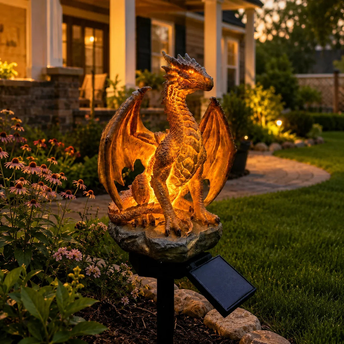 Purple Crystal Dragon Figurine with a Solar-Lit Garden Accent